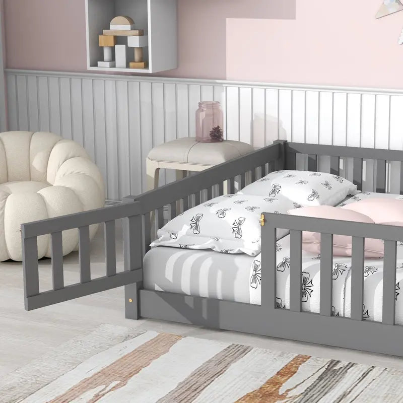 Uhomepro Full Size Wood Floor Bed Frame with Fence and Door for Kids, Toddlers