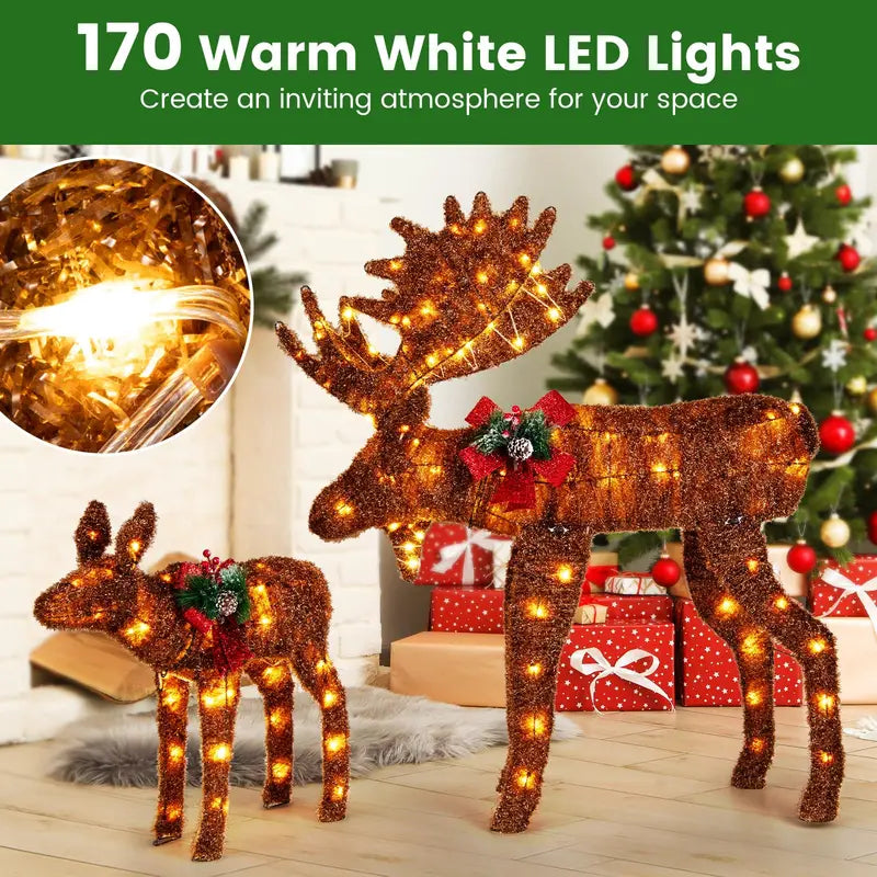 Two-Light-Up Christmas Moose Figures — Family-Themed Deer Decor with 170 Warm White LEDs