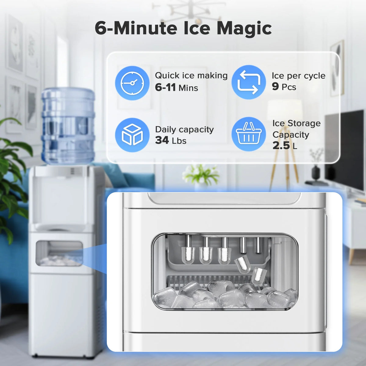 LHRIVER 2 - 5 Gallon Water Dispenser & 6 - Min Ice Maker, 3 - in - 1 Hot/Cold/Ice, Child Lock & Energy - Efficient, for Home/Office, Black