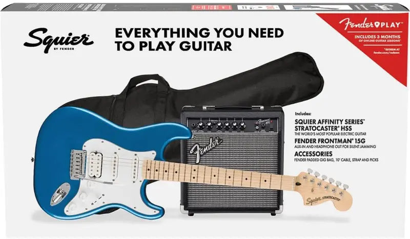 Squier Affinity Stratocaster Guitar Pack – HSS Pickup Configuration, Maple Fingerboard, Lake Placid Blue