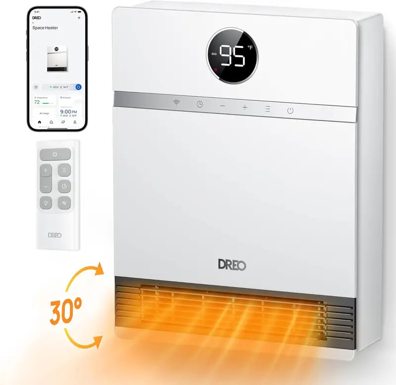 Dreo Smart Wall-Mounted PTC Heater | IP24-Rated Space Heater with 30 Oscillation, Alexa Compatibility, Remote, 24H Timer & Easy Installation for Bedrooms or Offices