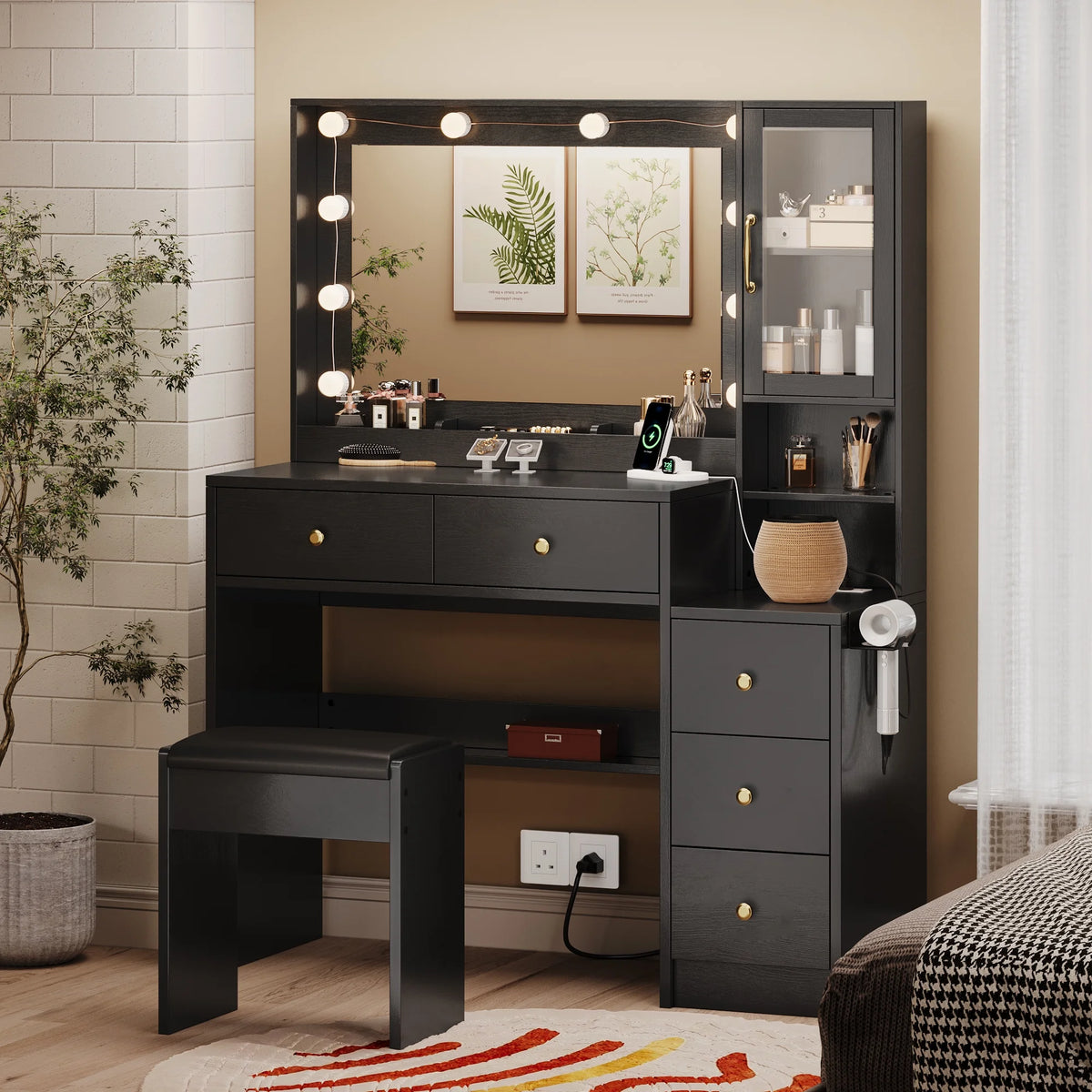 UGTOO 58.3" White Vanity Desk with Mirror, Adjustable Lighting, Power Outlet, Drawers, with Stool