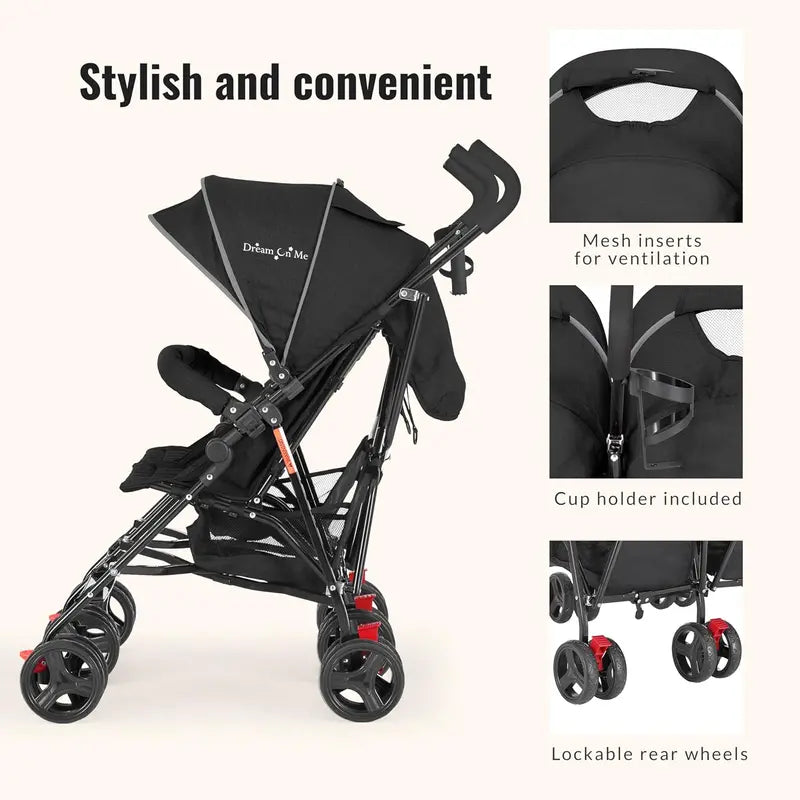 Compact Twin Umbrella Stroller in Black  Lightweight Double Stroller for Infant & Toddler with Large Canopy & Storage Basket