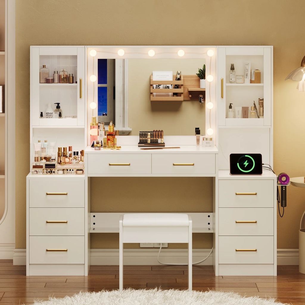UGTOO 58.3" White Vanity Desk with Mirror, Adjustable Lighting, Power Outlet, Drawers, with Stool