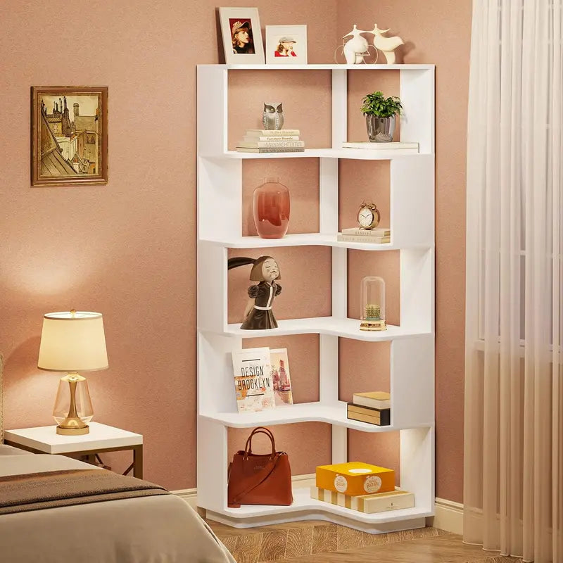 Tribesigns 64.9-Inch Freestanding Corner Bookshelf – 6-Tier White Display Rack with Anti-Slip Edges for Living Room or Office