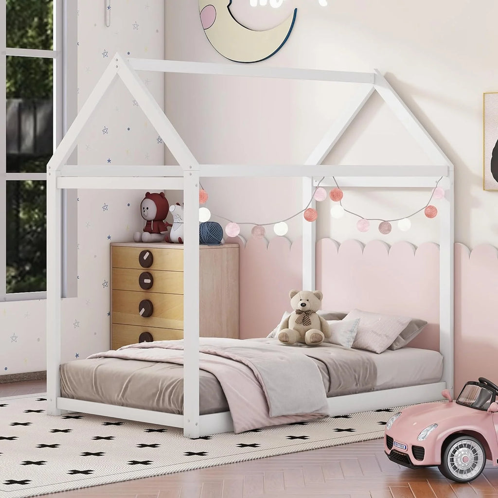 Twin House Floor Bed for Kids. Wooden Twin Montessori Bed Frame