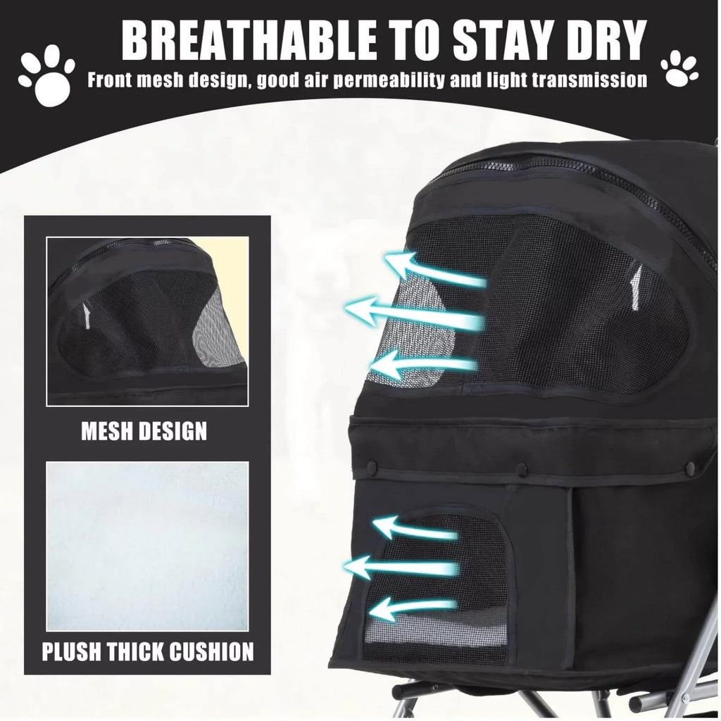 Foldable Dog Stroller Cat Stroller with Storage Basket & Removable Liner, 4 Wheels Pet Stroller .Foldable Carrier Strolling Cart for Dogs Cats, Black