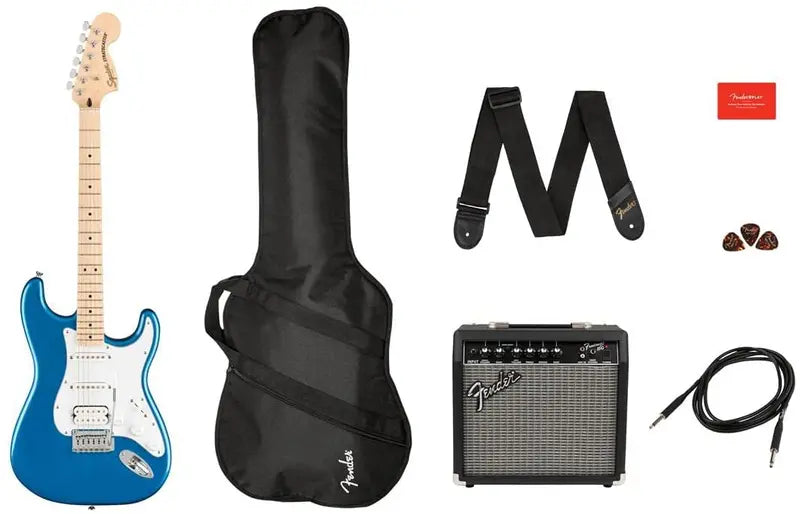 Squier Affinity Stratocaster HSS Pack – Lake Placid Blue Electric Guitar Bundle with Maple Fingerboard
