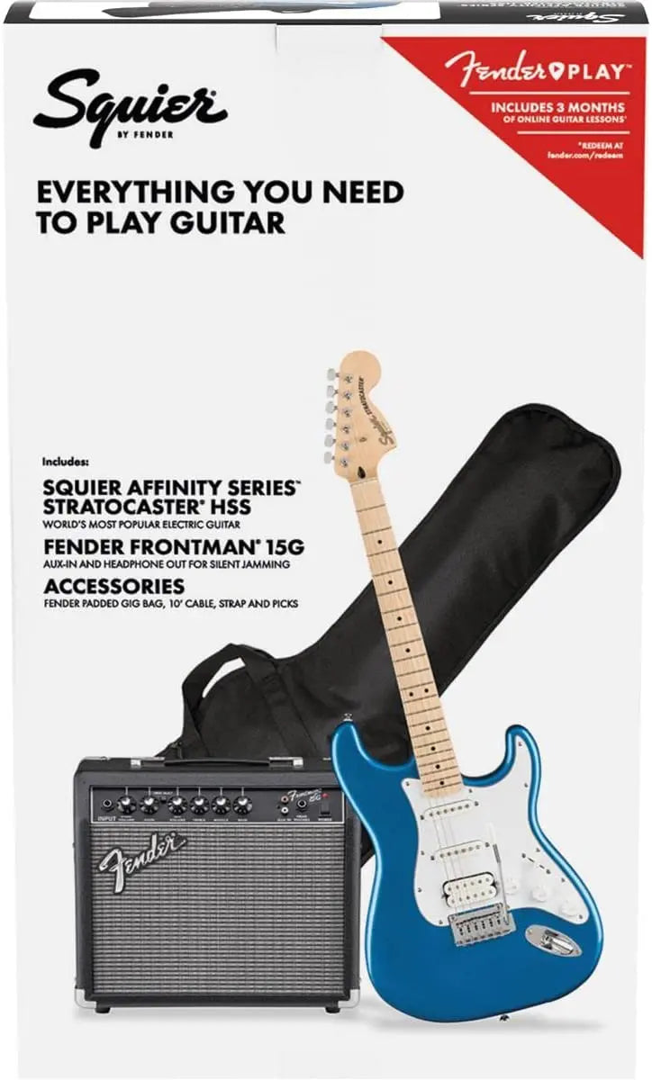 Squier Affinity Stratocaster HSS Pack – Lake Placid Blue Electric Guitar Bundle with Maple Fingerboard