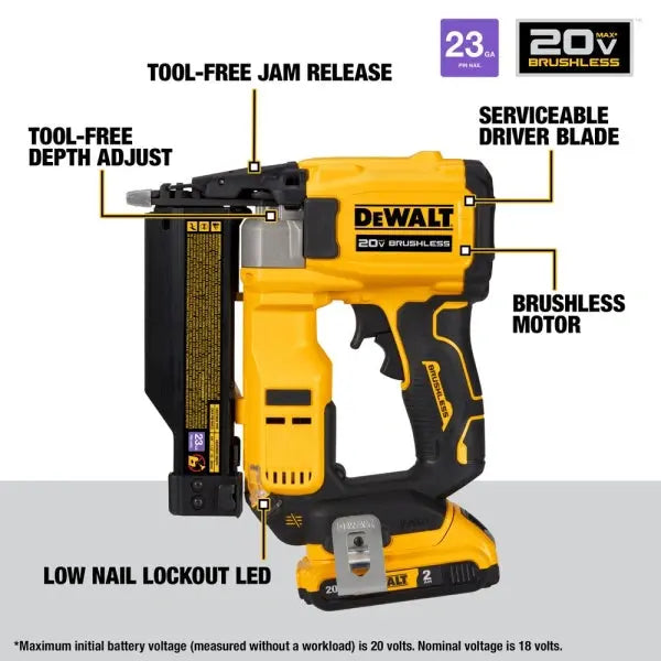 DEWALT 20V MAX ATOMIC 23-Gauge Pin Nailer Kit  Brushless Motor, 5/8鈥斥€?-1/2 Fastener Range (2026 Model)