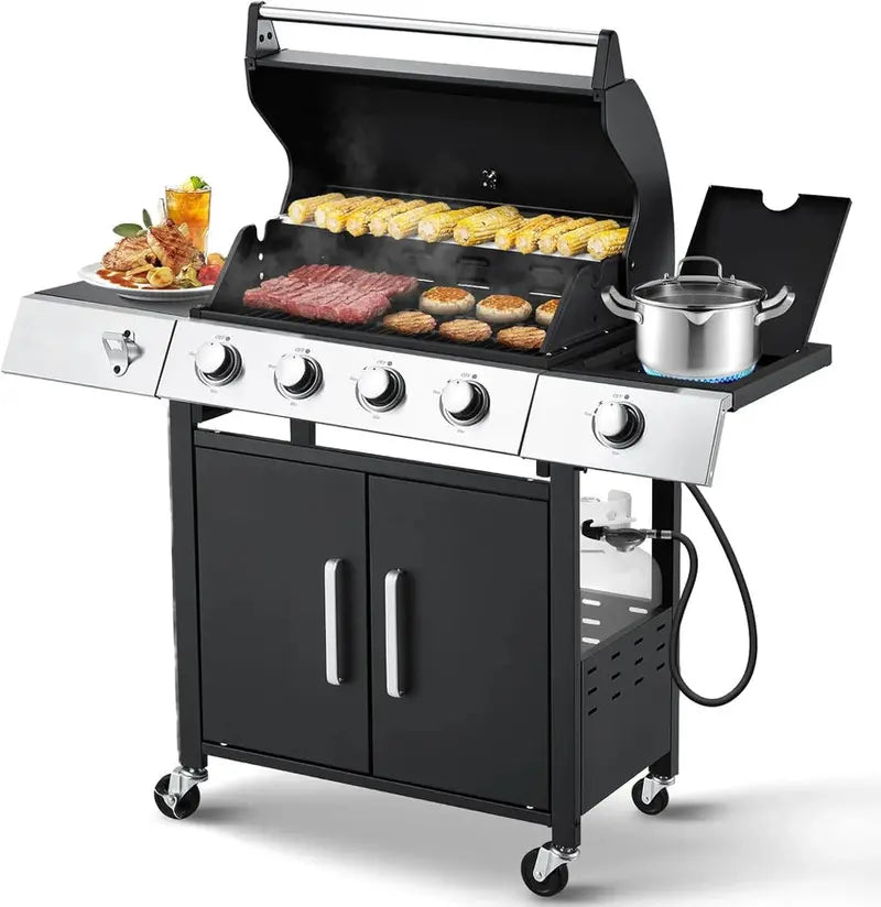 Upgraded 4-Burner Propane BBQ Grill – 44,000 BTU Stainless Steel Gas Grill with Cast Iron Grates and Integrated Side Burner