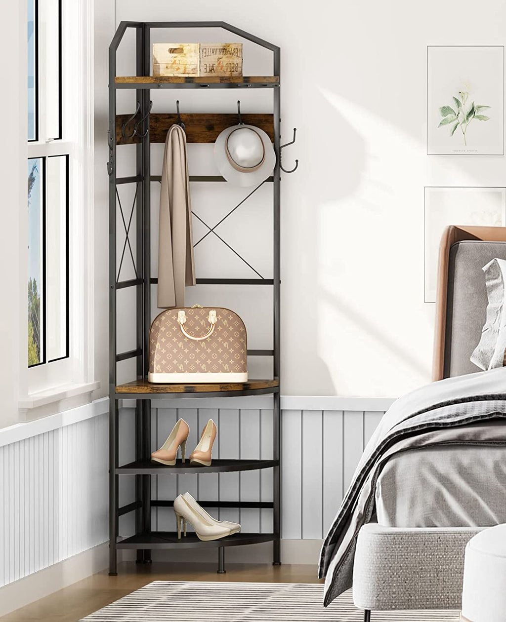 Corner Coat Rack Hall Tree with Shoe Bench Entryway Coat Rack with 6 Metal Hooks, Industrial Corner Shoe Racks Freestanding Corner Shelves Organizer Entryway Bench with Coat Rack & Storage