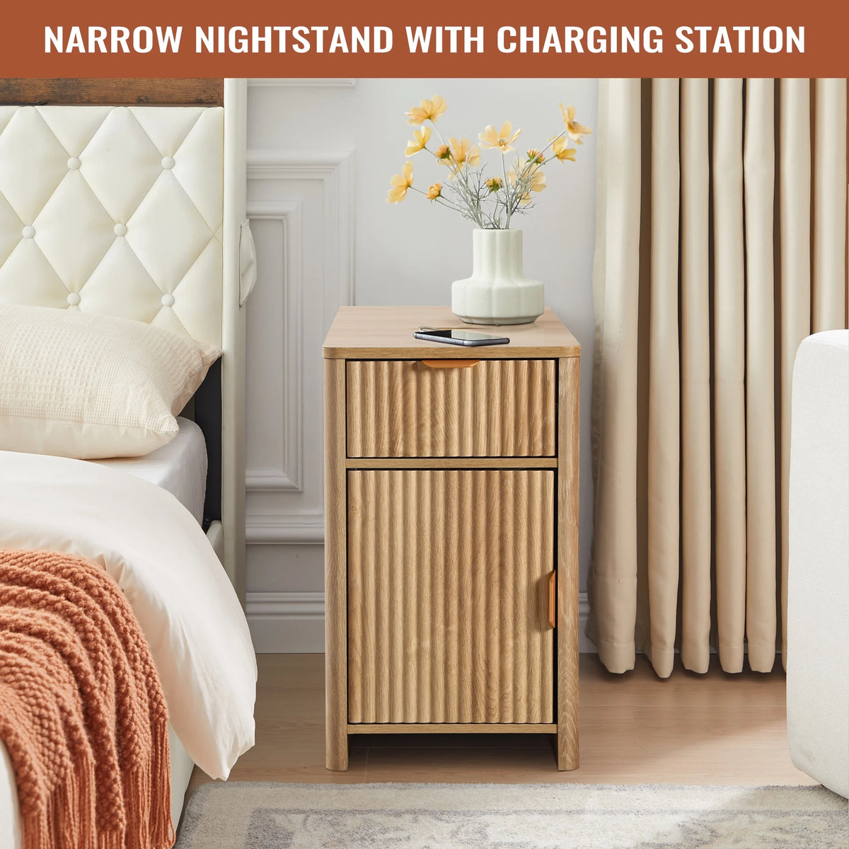 YOCWO Fluted Nightstand for Bedroom Set of 2, Wood Bedside Table Set of 2 with Drawers, Black