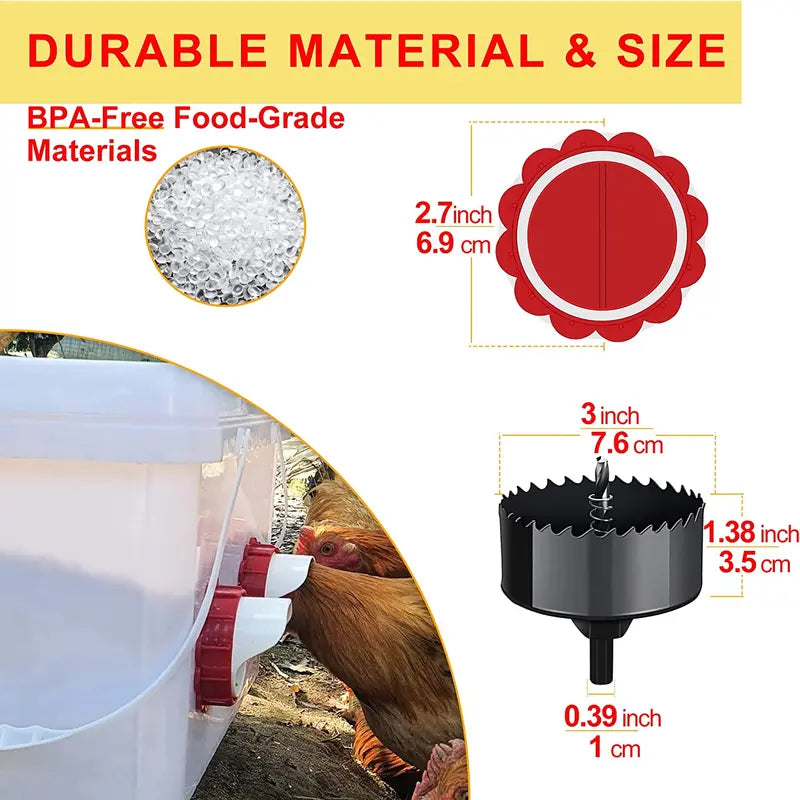 DIY Chicken Feeders No Waste, 6 Pack Poultry Feeder with Covers Gravity Feed Kit Ports 6-1 Hole Saw for Buckets Barrels Bins Troughs