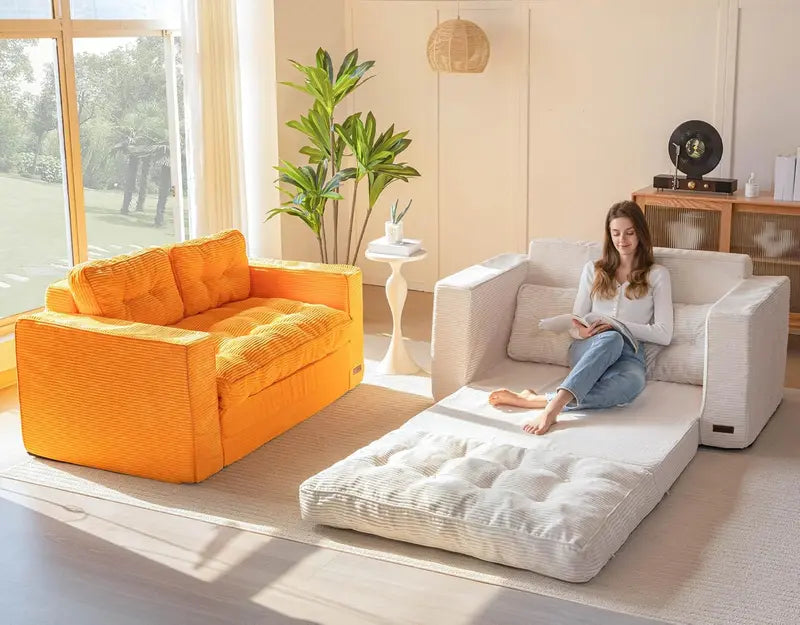 Convertible Sofa Bed  Pull-Out Double Lounge with Padded Beige Upholstery for Living Room or Bedroom