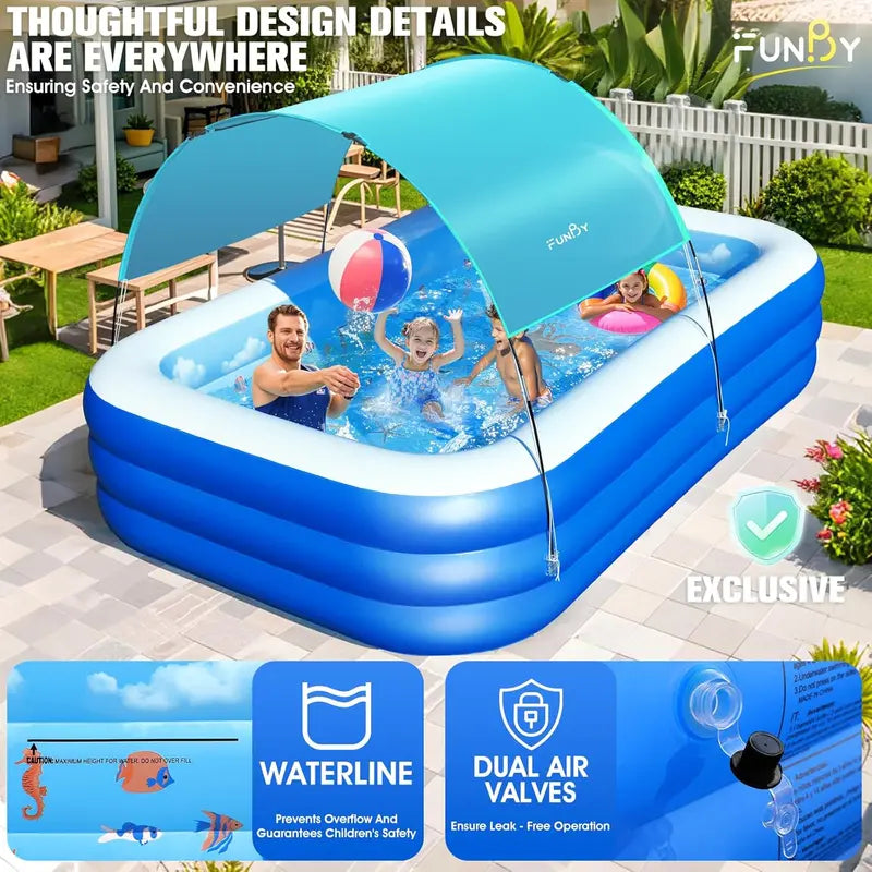 Ocean-Themed Inflatable Family Pool with Canopy – Extra-Large 105″ x 75″ x 25″, Thickened Vinyl for Kids & Adults, Backyard Swimming Pool