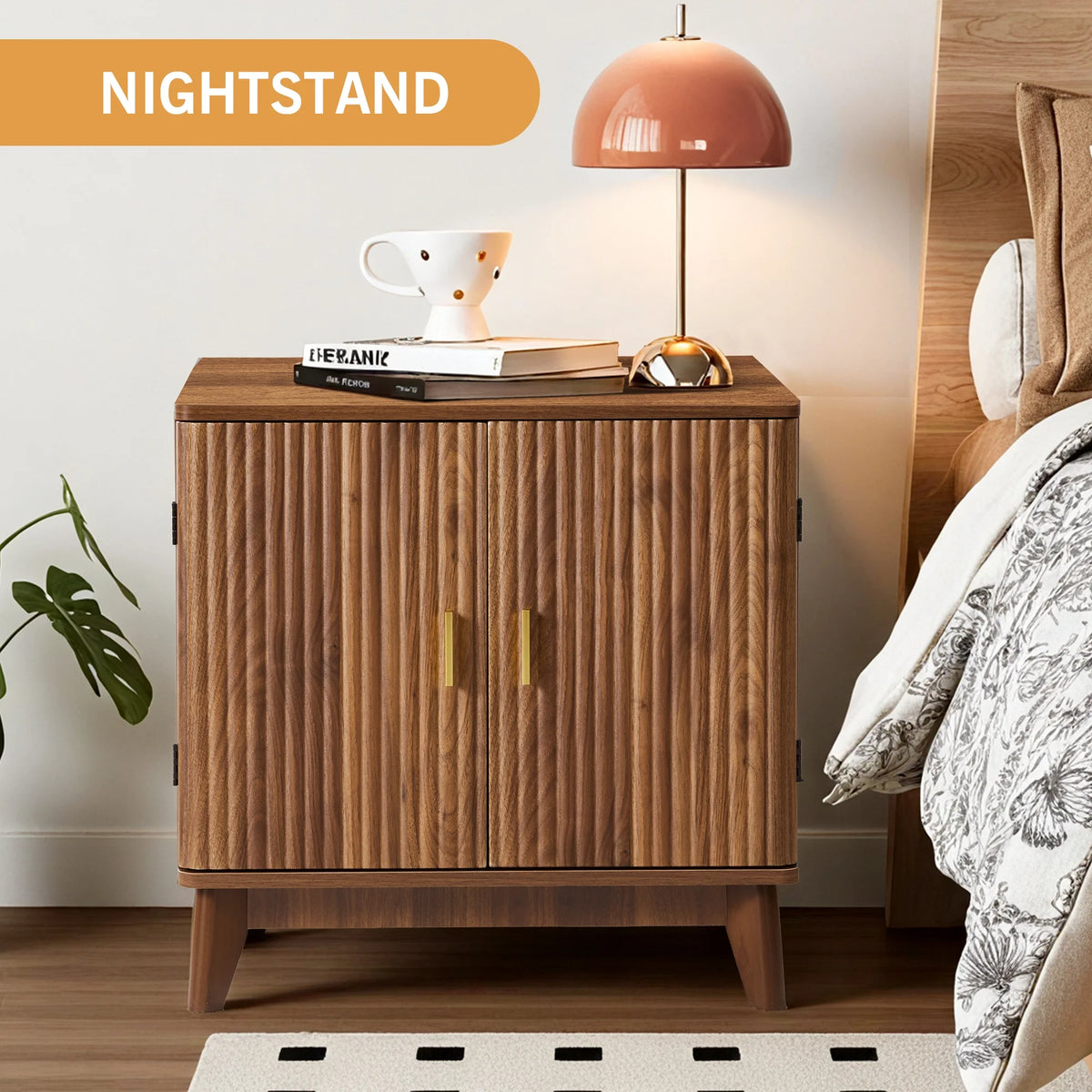 YOCWO Fluted Nightstand for Bedroom Set of 2, Wood Bedside Table Set of 2 with Drawers, Black