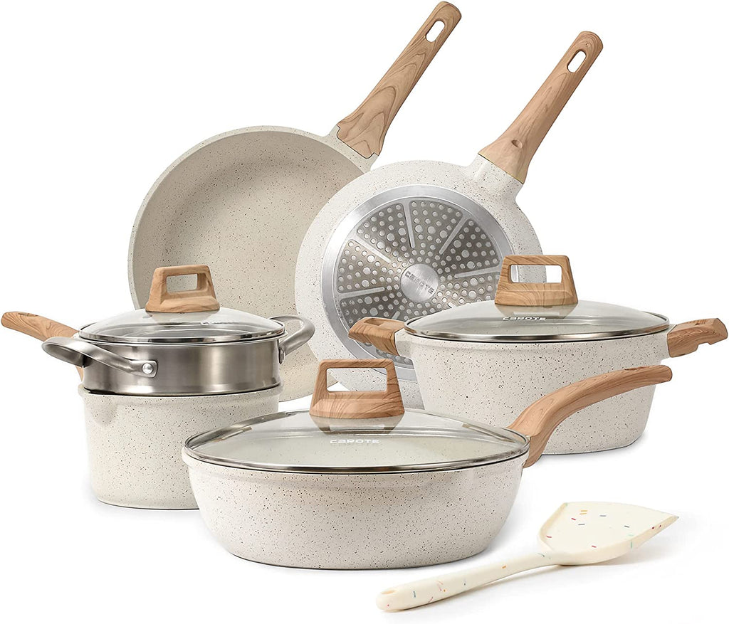CAROTE C01520 Pots and Pans Set Nonstick . White Granite Induction Kitchen Cookware Sets . 10 Pcs Non Stick Cooking Set w/ Frying Pans and Saucepans(PFOS  . PFOA Free)