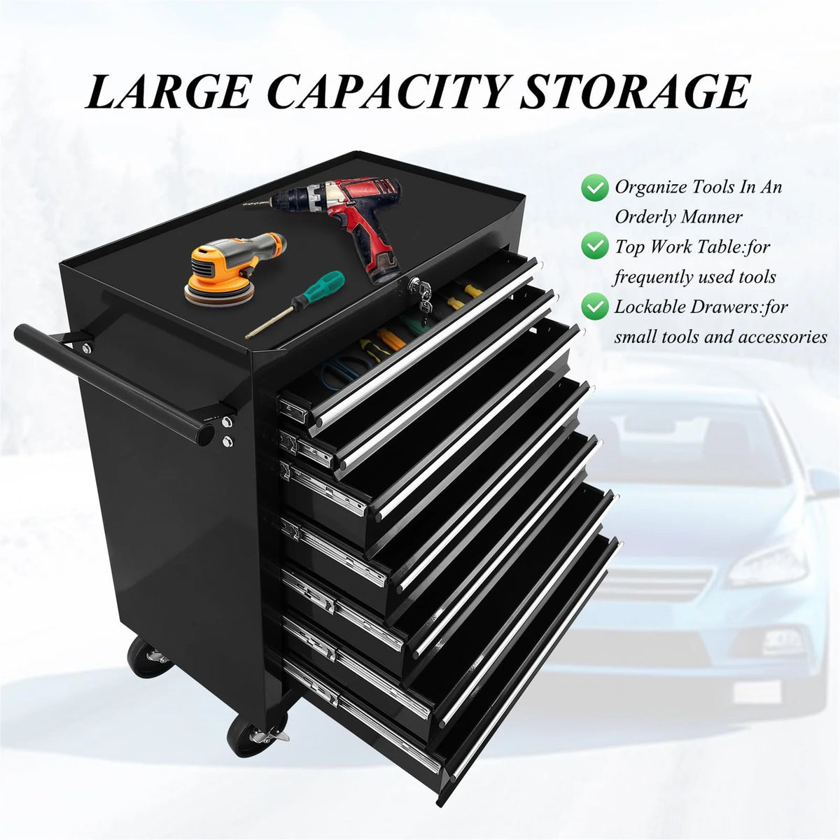 Aukfa Tool Chest, 24.5 in 7 - Drawer Steel Rolling Tool Box on Wheels for Workshop Garage, Red