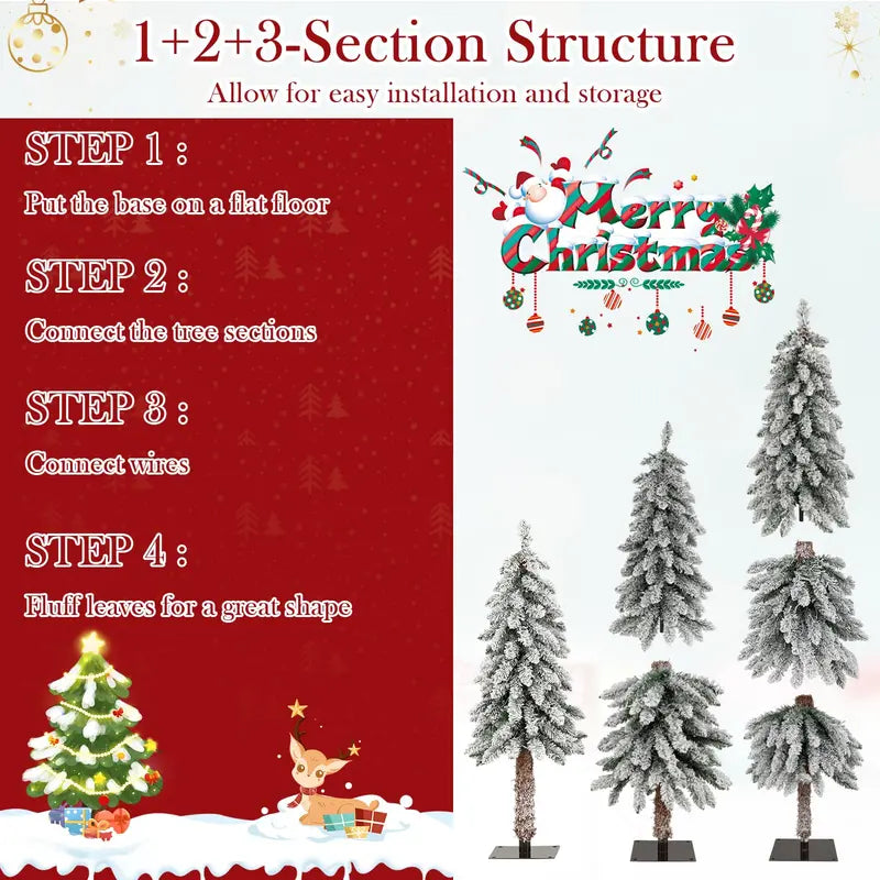 Three-Piece Snow-Flocked Christmas Tree Set – 3', 4', and 5' Trees with 300 Multicolor LEDs