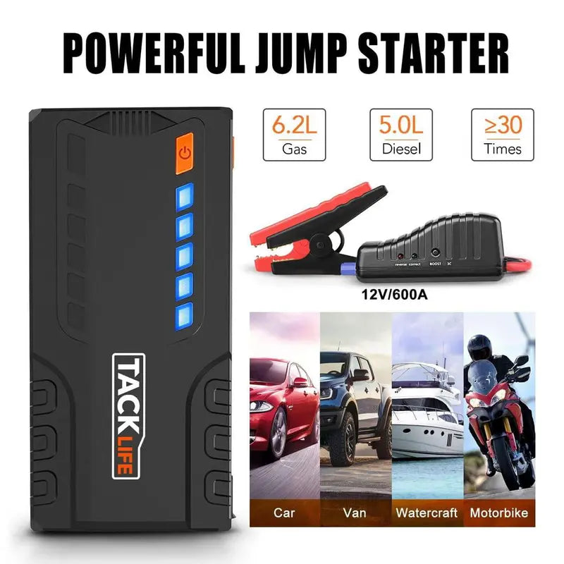 Tacklife T6 Car Jump Starter – 800A Peak, 18000mAh, LCD Display, Quick-Charge, Safety-Protected (Gas up to 7.0L / Diesel up to 5.5L)