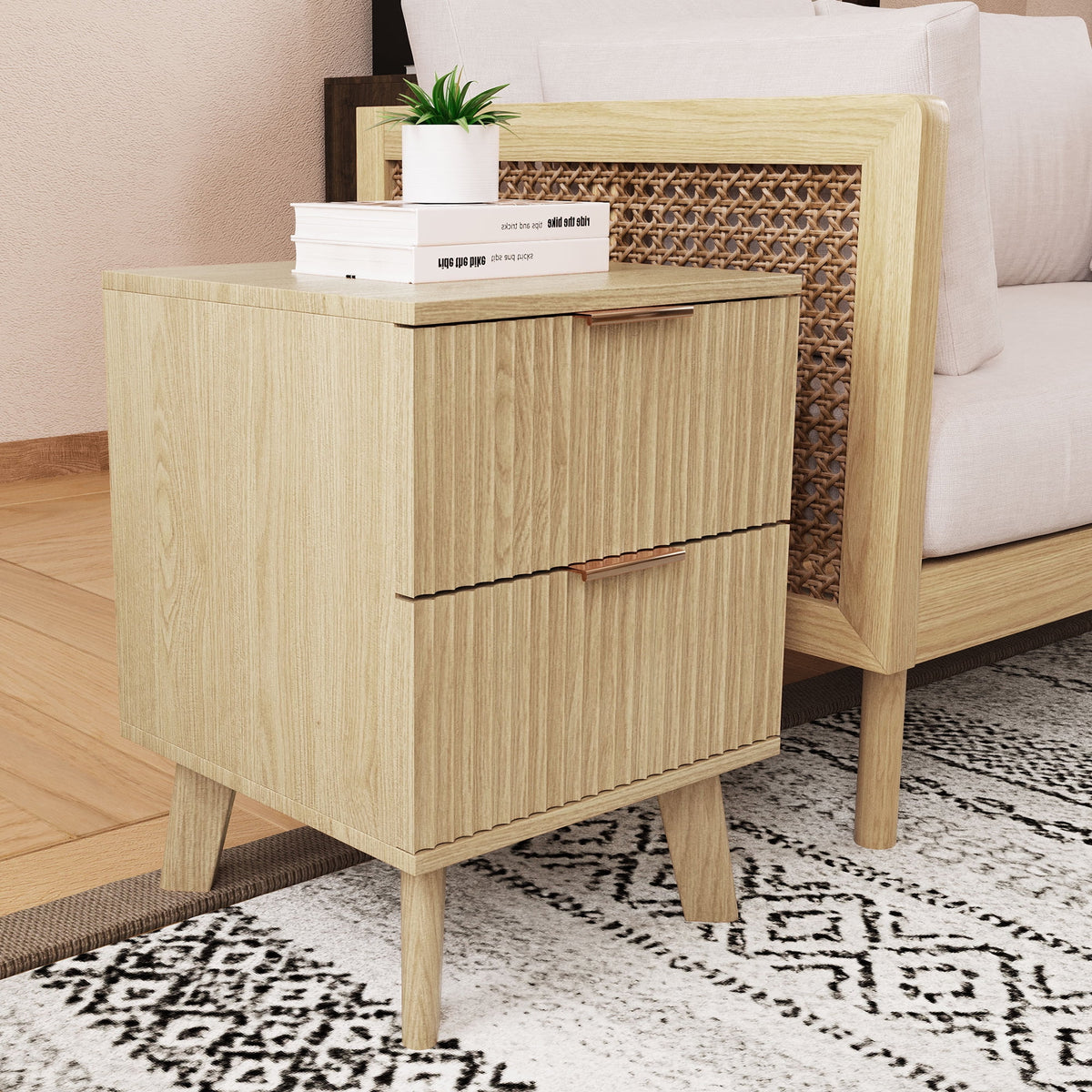 YOCWO Fluted Nightstand for Bedroom Set of 2, Wood Bedside Table Set of 2 with Drawers, Black