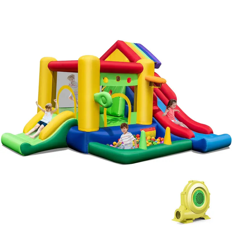 Costway Rainbow Kids Inflatable Bounce House  Includes 50 Ocean Balls & 735W Blower