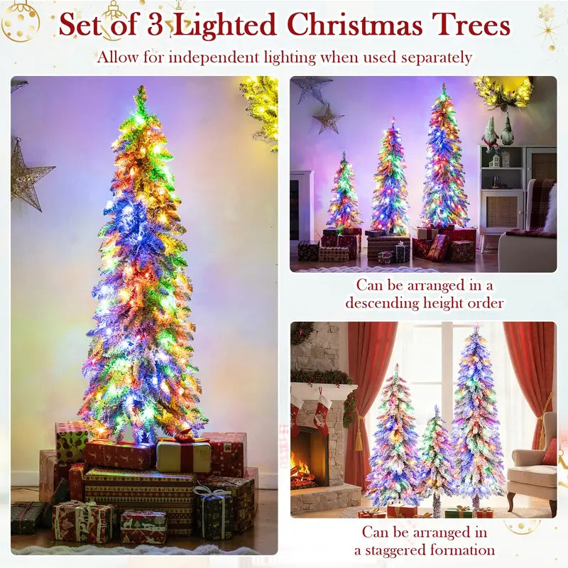 Three-Piece Snow-Flocked Christmas Tree Set – 3', 4', and 5' Trees with 300 Multicolor LEDs