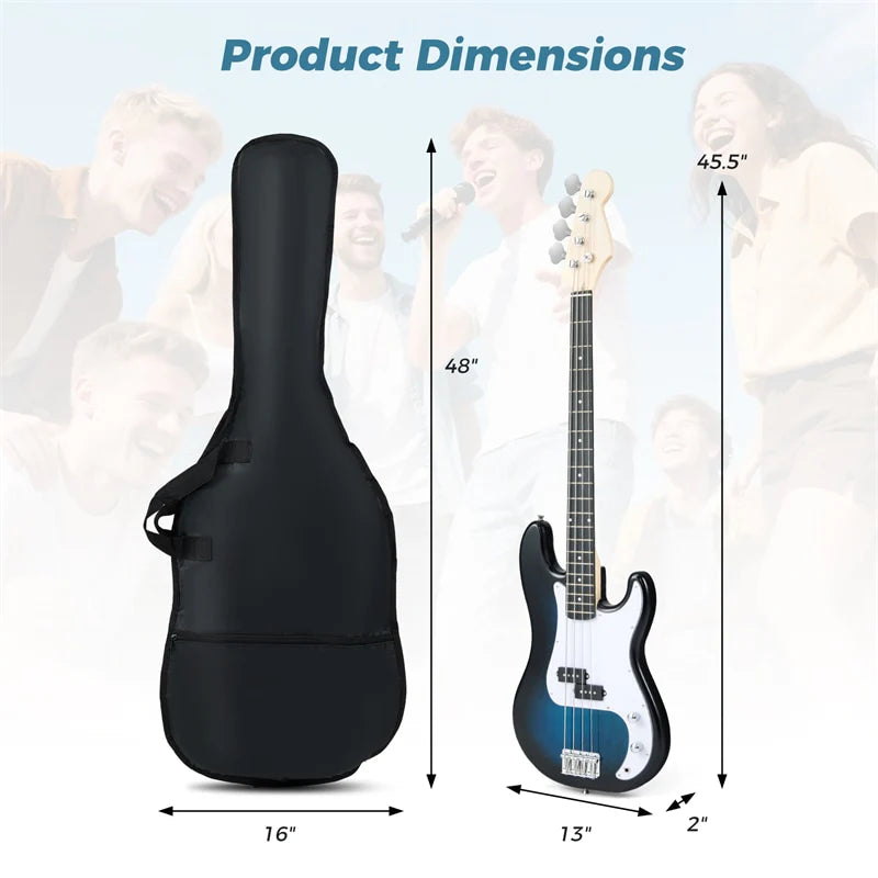 46" Right-handed Electric Bass Guitar, 4 Strings Full Size Bass Kit with Double Pickups, Open-gear Tuning, Gig Bag, Strap & Cable for Beginners