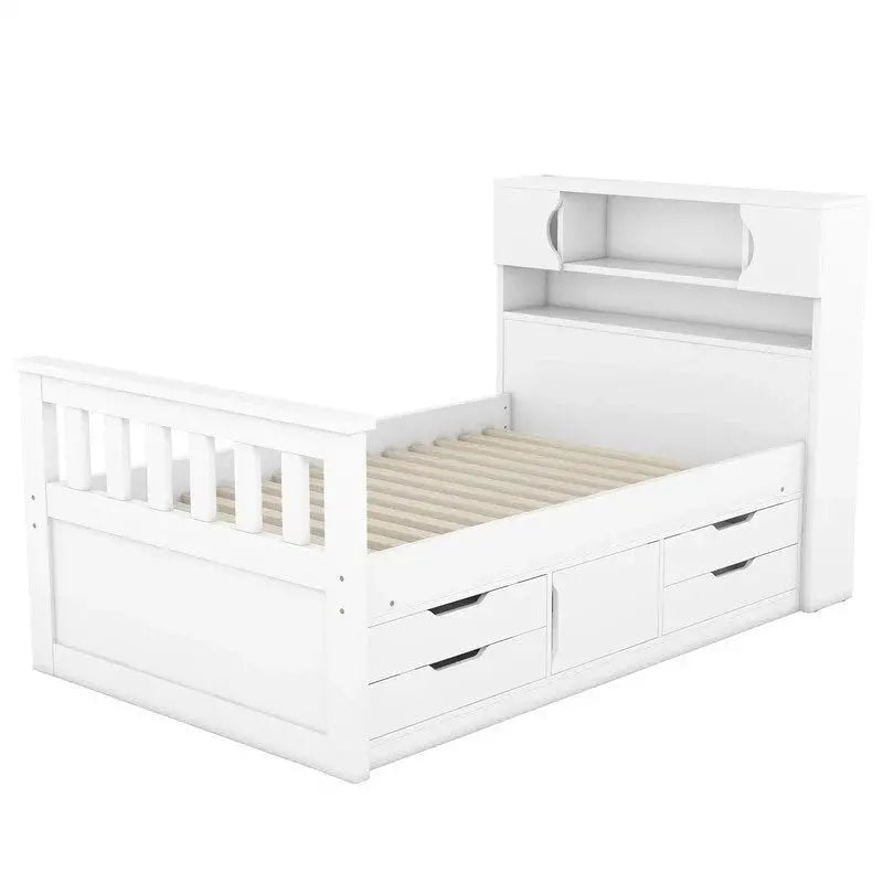 Twin/Full Captain Bed with Storage – Solid Wood Platform Frame Featuring 4 Drawers & Bookcase Headboard