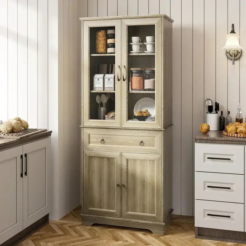 Tall Kitchen Hutch with Glass Doors – 71″ Modern Pantry Cabinet for Dining or Living Spaces