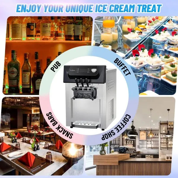 Commercial-Grade 2200W Triple-Flavor Soft Serve Ice Cream Machine  5.3 .4 Gal/Hr Output, LCD Touchscreen & Auto-Clean Function