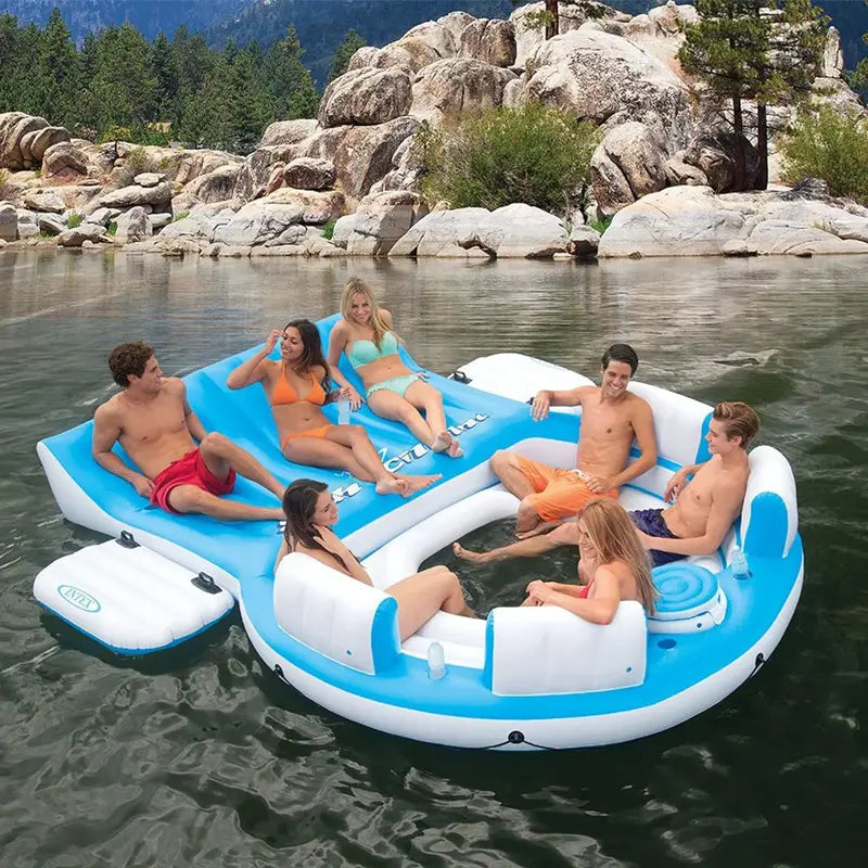 Splash N Chill Inflatable Pool Lounger – 145″ x 125″ x 20″ Island Float for Up to 7 Adults (Blue/White)