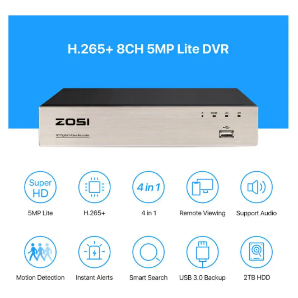 Zosi H.265+ 8-Channel 5MP-Lite 2TB Hard Drive DVR Security Camera System with 8X 1080p Wired Bullet Cameras