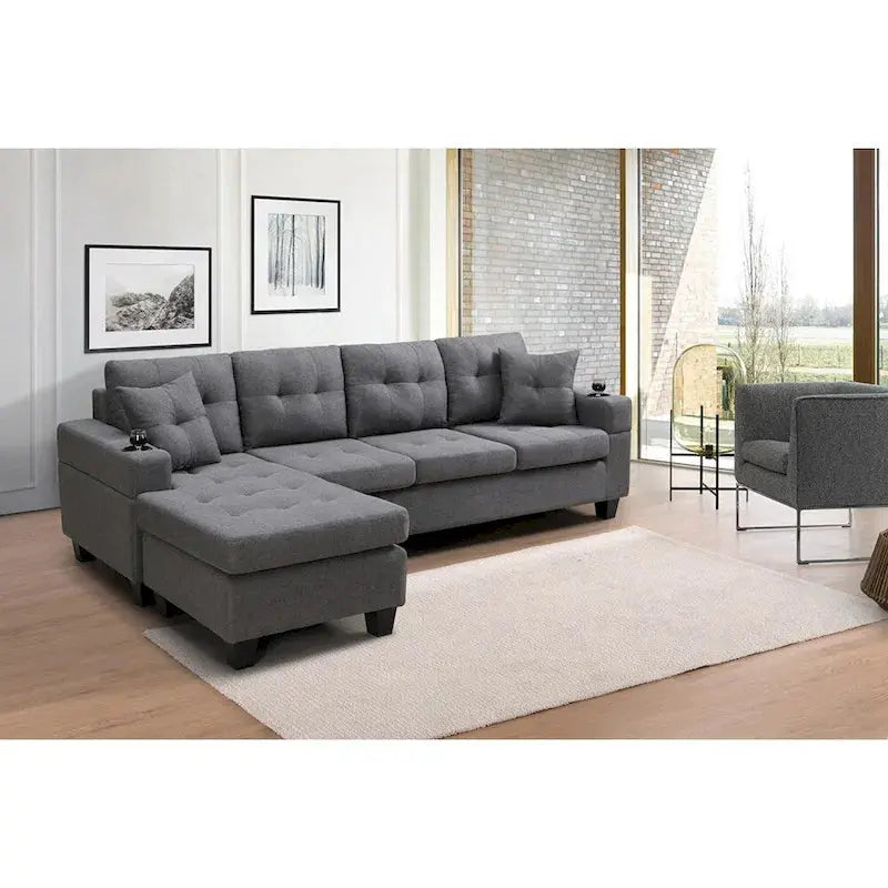 Contemporary L-Shaped Sectional Sofa with Integrated Cup Holders and Lounge Chaise