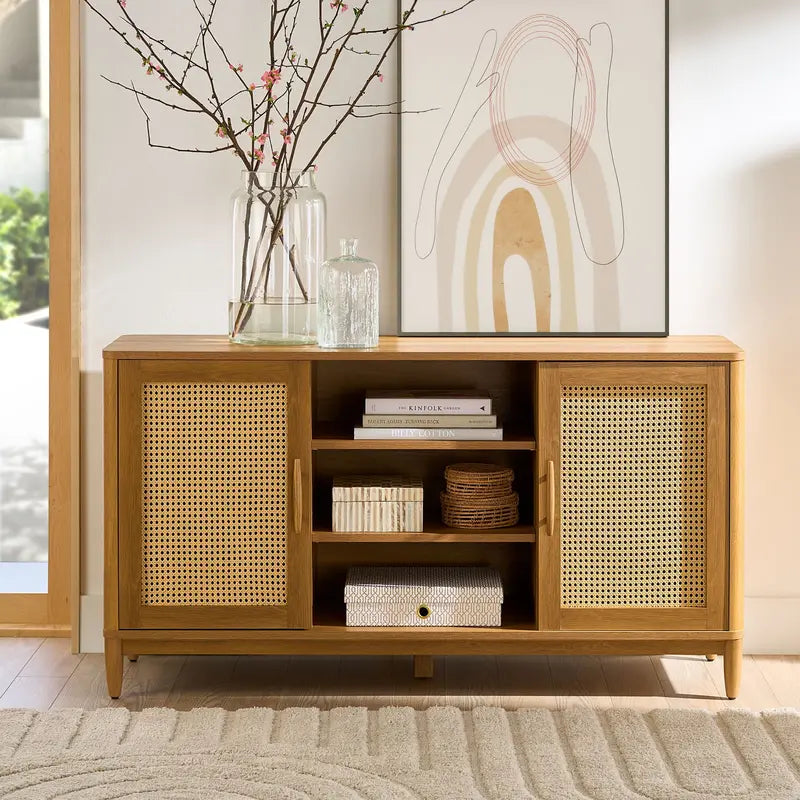 Springwood Cane TV Stand for 65″ TVs, Light Honey Finish