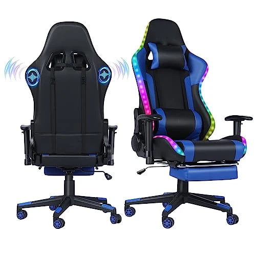 Gaming Chair with Speakers, Video Game Chair with RGB LED Lights, Footrest, Ergonomic Racing Computer Gaming Recliner Chair Swivel E-Sports Chair with Lumbar Support Headrest Armrest, Black