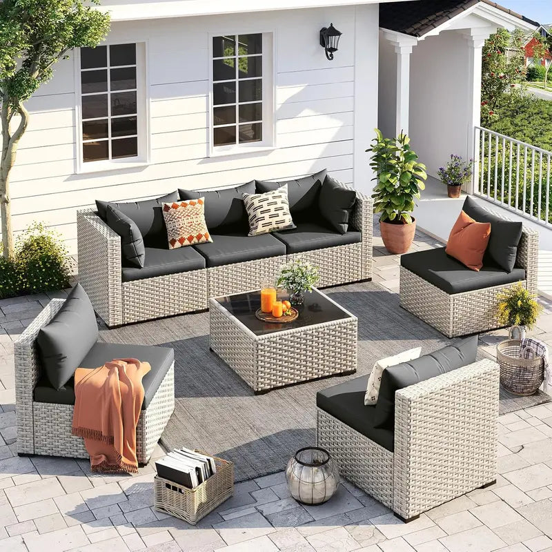 UDPATIO 7-Piece PE Wicker Sectional — Modular Outdoor Conversation Set with Lounge & Corner Configurations