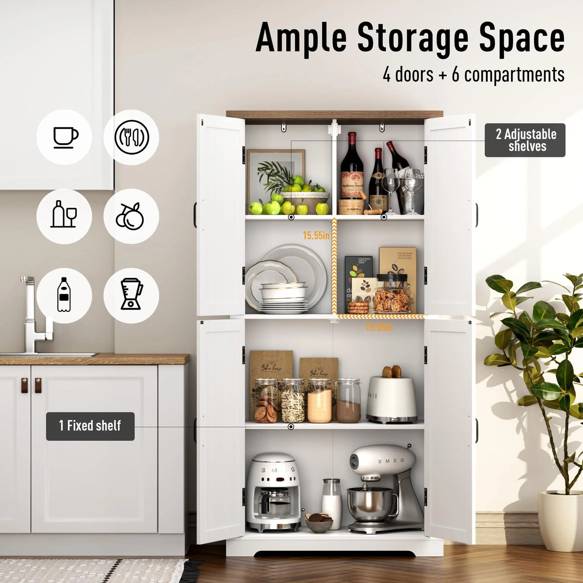 HOSTACK 64" Pantry Cabinet, Tall Kitchen Pantry Storage Cabinet, Modern Farmhouse Bathroom Storage Cabinet, Large Bookcase, 4 Doors|Adjustable Shelves, for Dining Room, Living Room, Home Office, White