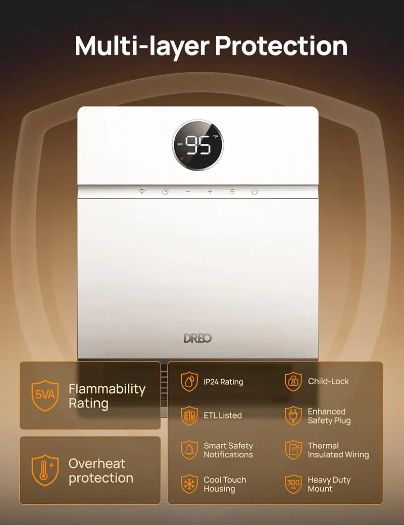 Dreo Smart Wall-Mounted PTC Heater | IP24-Rated Space Heater with 30 Oscillation, Alexa Compatibility, Remote, 24H Timer & Easy Installation for Bedrooms or Offices