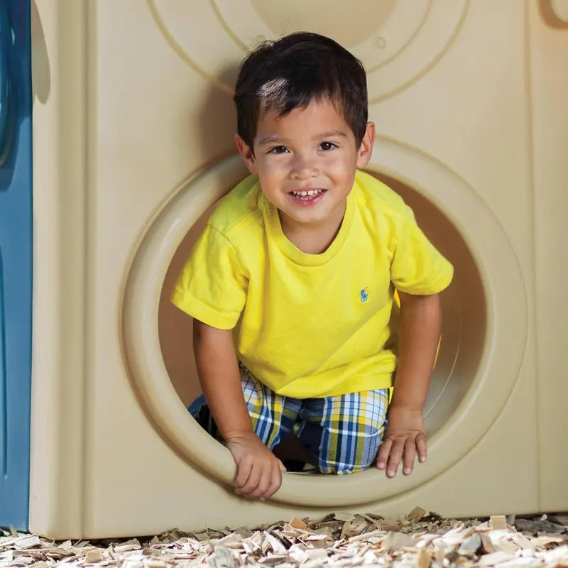 Step2 Neighborhood Fun Center – Outdoor Brown Plastic Playhouse with Slide for Kids