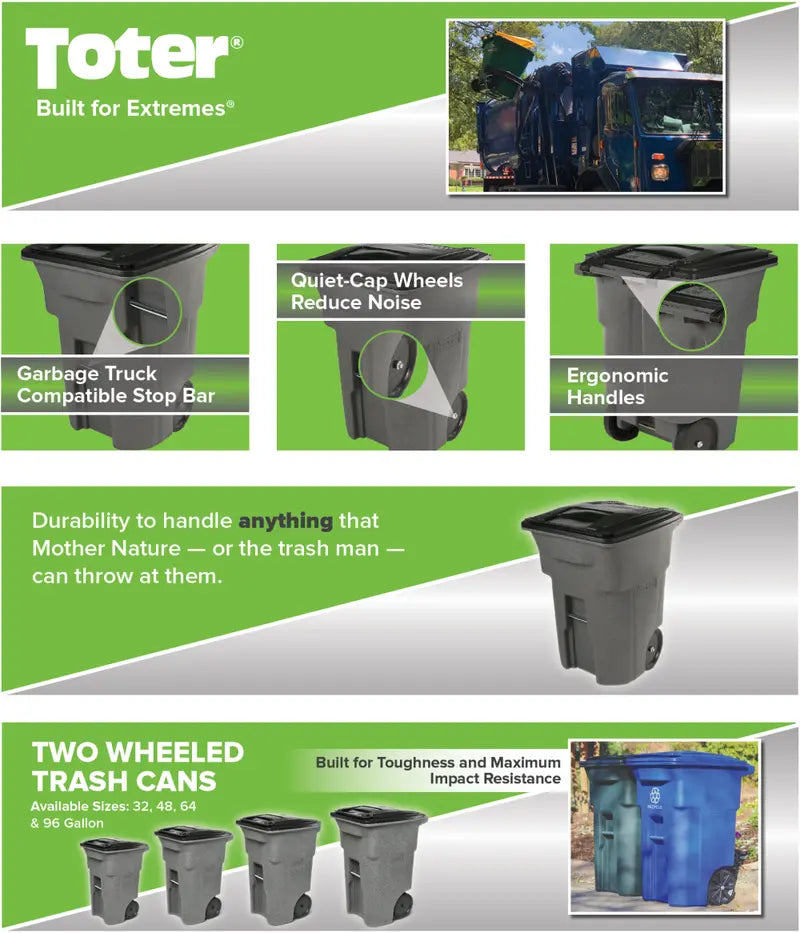 Toter 96-Gallon Heavy-Duty Trash Can – Smooth-Rolling Wheels, Secure Lid, Residential & Commercial Use