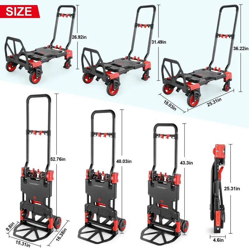 COOCHEER Heavy-Duty Folding Hand Truck  330 lb Load Capacity with Pneumatic Tires and Ergo Handle