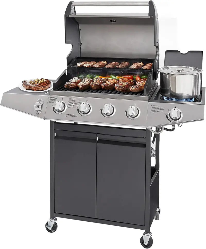 Unovivy 4-Burner Portable Propane Grill – Includes Side Burner & Easy-Mobility Design