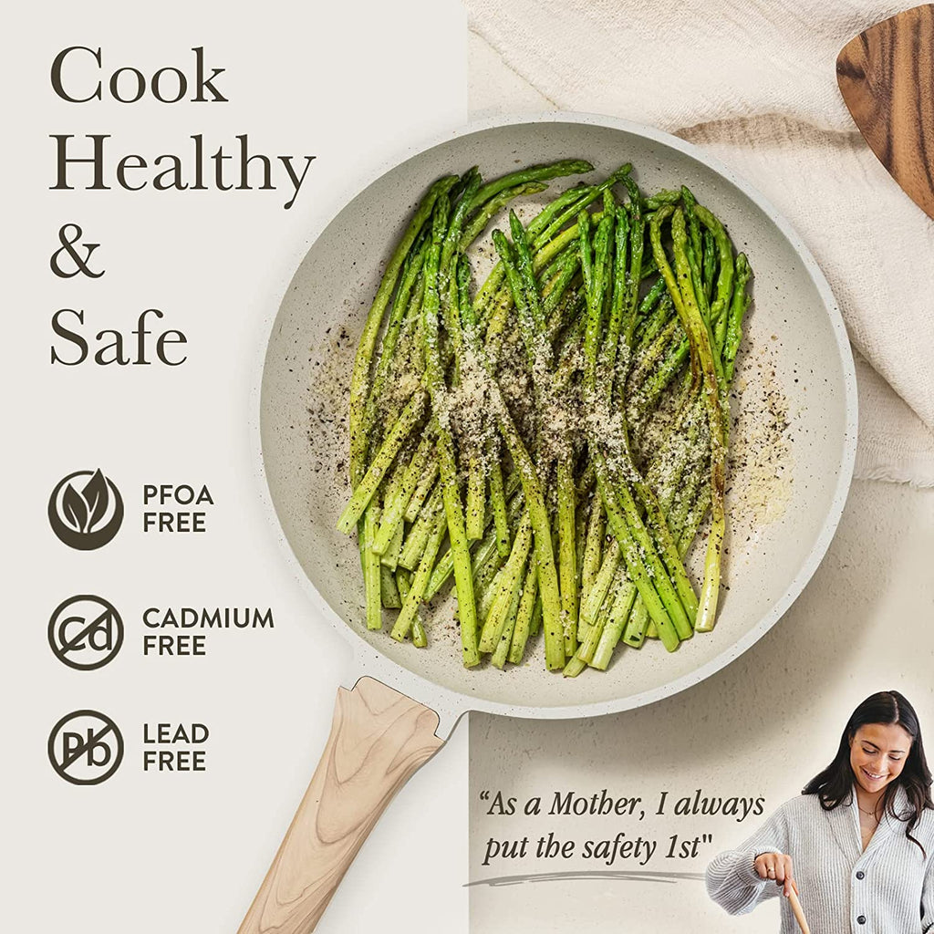 CAROTE C01520 Pots and Pans Set Nonstick . White Granite Induction Kitchen Cookware Sets . 10 Pcs Non Stick Cooking Set w/ Frying Pans and Saucepans(PFOS  . PFOA Free)
