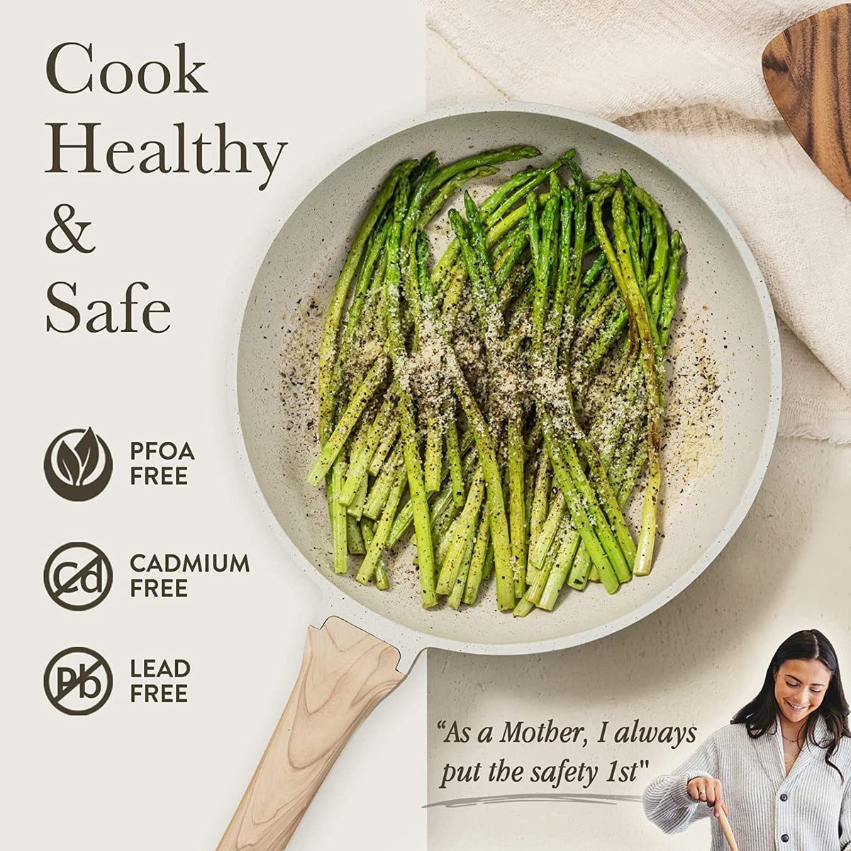 CAROTE C01520 Pots and Pans Set Nonstick . White Granite Induction Kitchen Cookware Sets . 10 Pcs Non Stick Cooking Set w/ Frying Pans and Saucepans(PFOS  . PFOA Free)