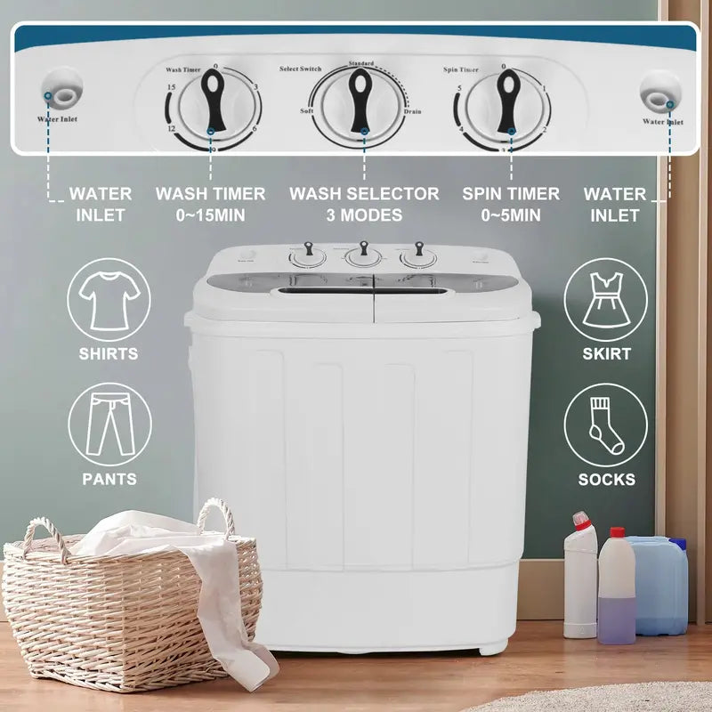 Compact Twin-Tub Mini Washing Machine  13-Lb Total Capacity with Separate Wash & Spin Functions