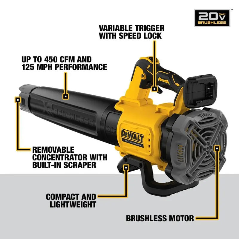 DEWALT 20V MAX 125 MPH 450 CFM Cordless Brushless Battery Powered Handheld Leaf Blower (Tool Only) DCBL722B