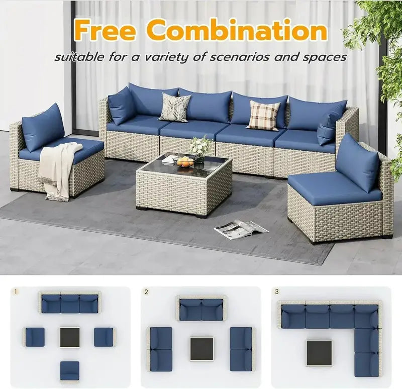UDPATIO 7-Piece PE Wicker Sectional — Modular Outdoor Conversation Set with Lounge & Corner Configurations