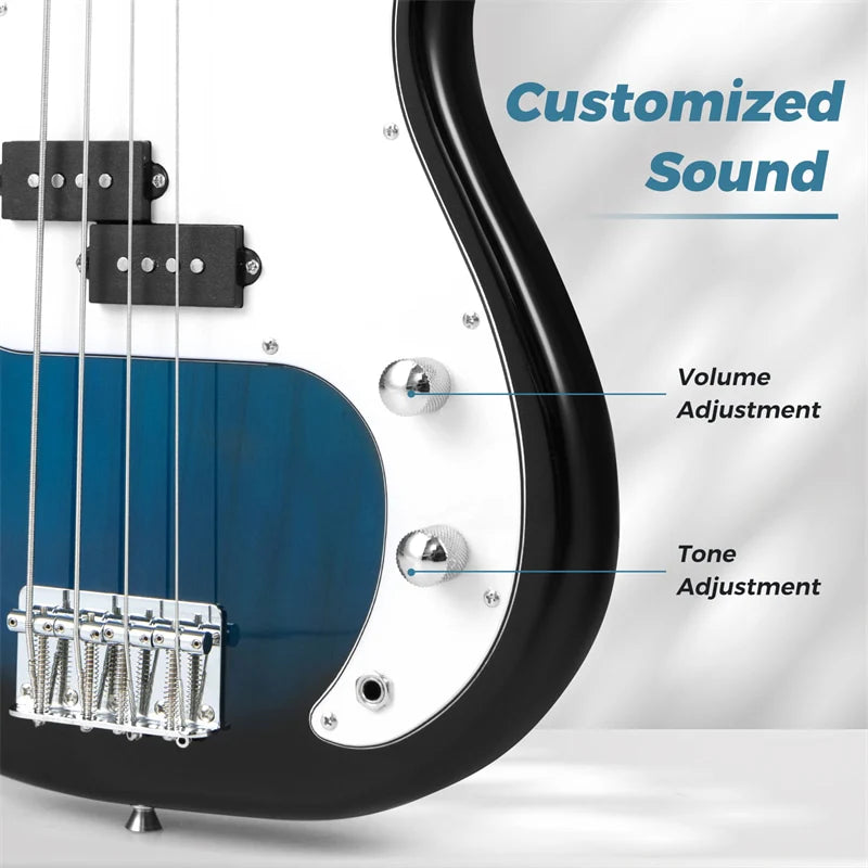 46" Right-handed Electric Bass Guitar, 4 Strings Full Size Bass Kit with Double Pickups, Open-gear Tuning, Gig Bag, Strap & Cable for Beginners